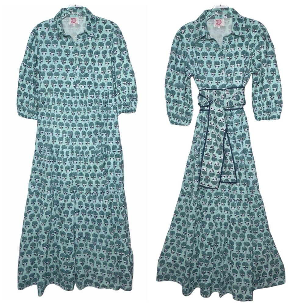 Victoria Dunn Dress Maxi L  Prairie Teal Block Print Wedding Guest Cottagecore
